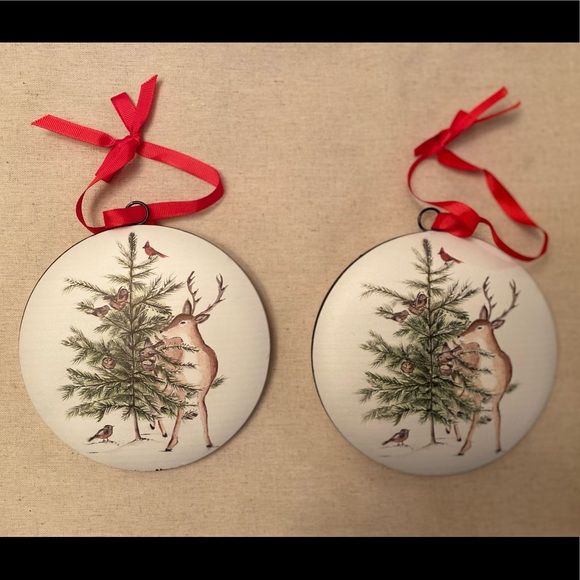 Large Christmas Tree, Deer, Cardinal & Birds Ornaments Set of 2, Red Ribbon Hook - Picture 2 of 12